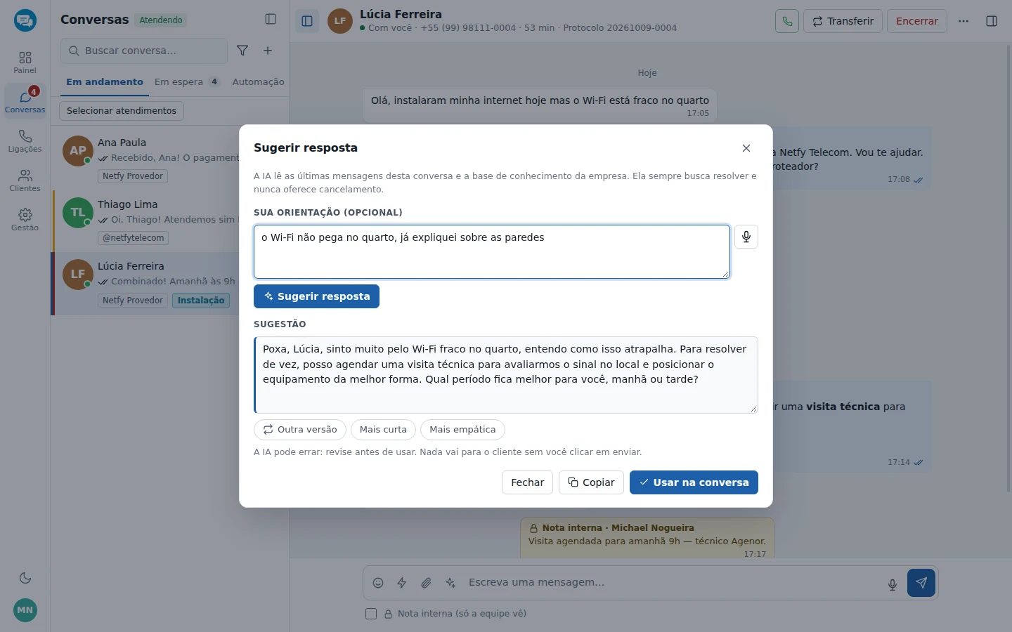 IA sugerindo a resposta para o atendente